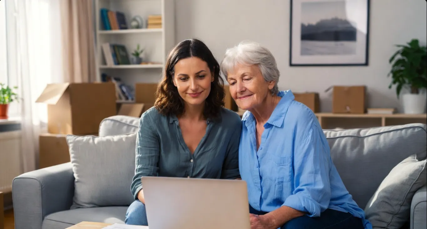 Adult child and aging parent reviewing plans together during a home transition